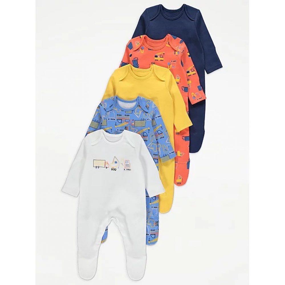 George 5 pack Bright Transport Digger Sleepsuits
